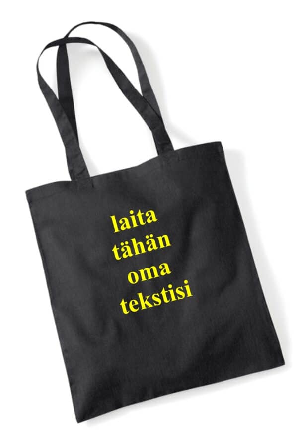 Kangaskassi omalla tekstillä kelt Kangaskassi omalla tekstillä kelt